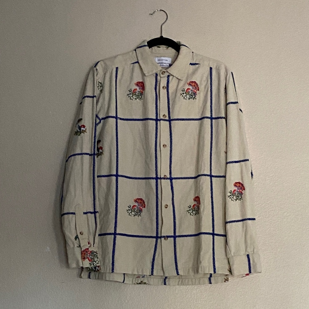 Urban Outfitters Flannel Shirt Shacket Mushroom Cross Stitch Embroidered - Picture 2 of 11
